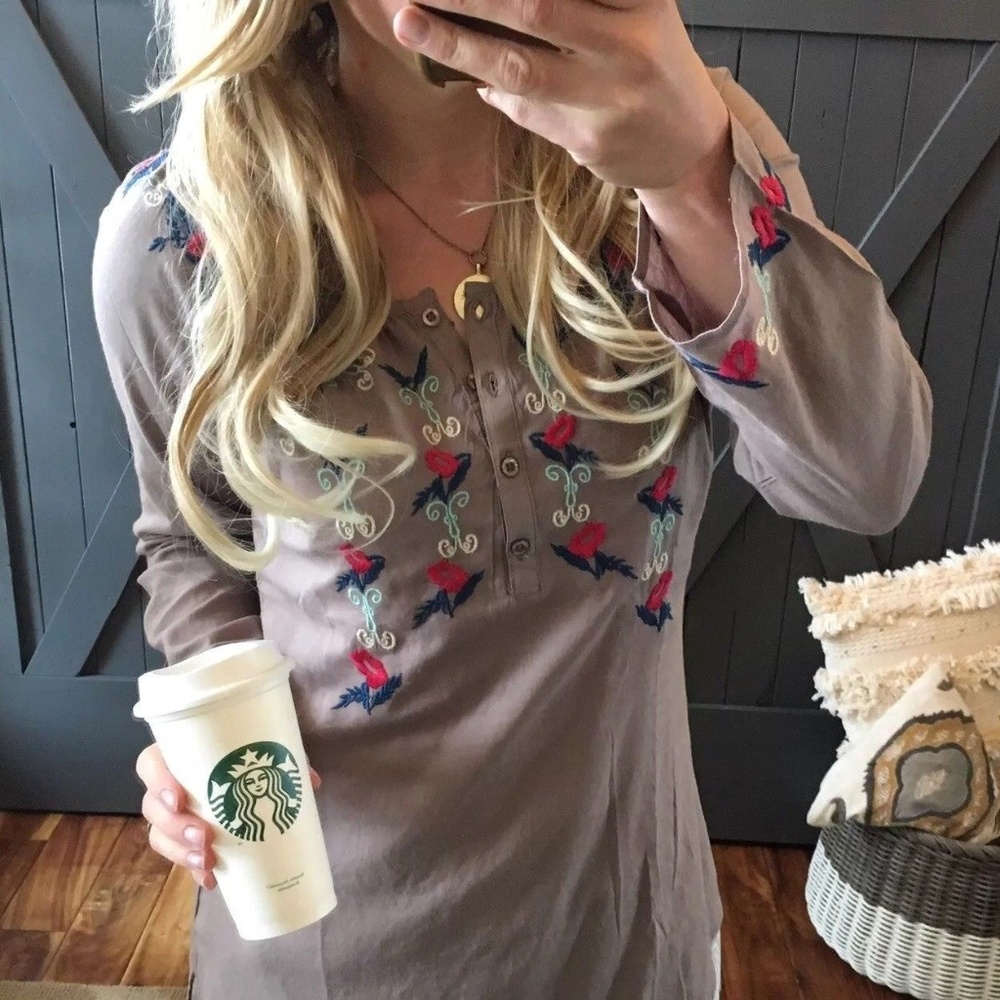 New Floral Embroidered Linen Tunic Blouse Top